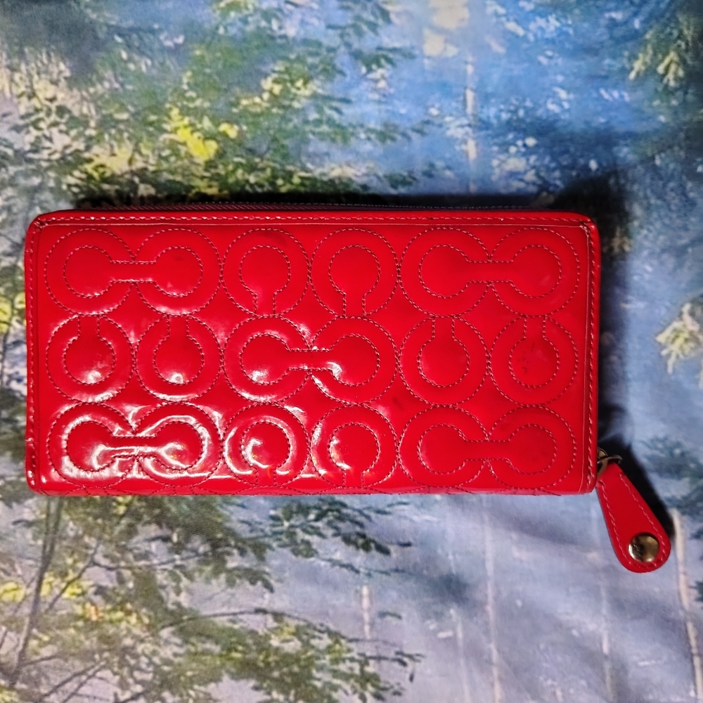 Coach Vintage Red Embossed Leather Zip Wallet with Coral Pink Interior